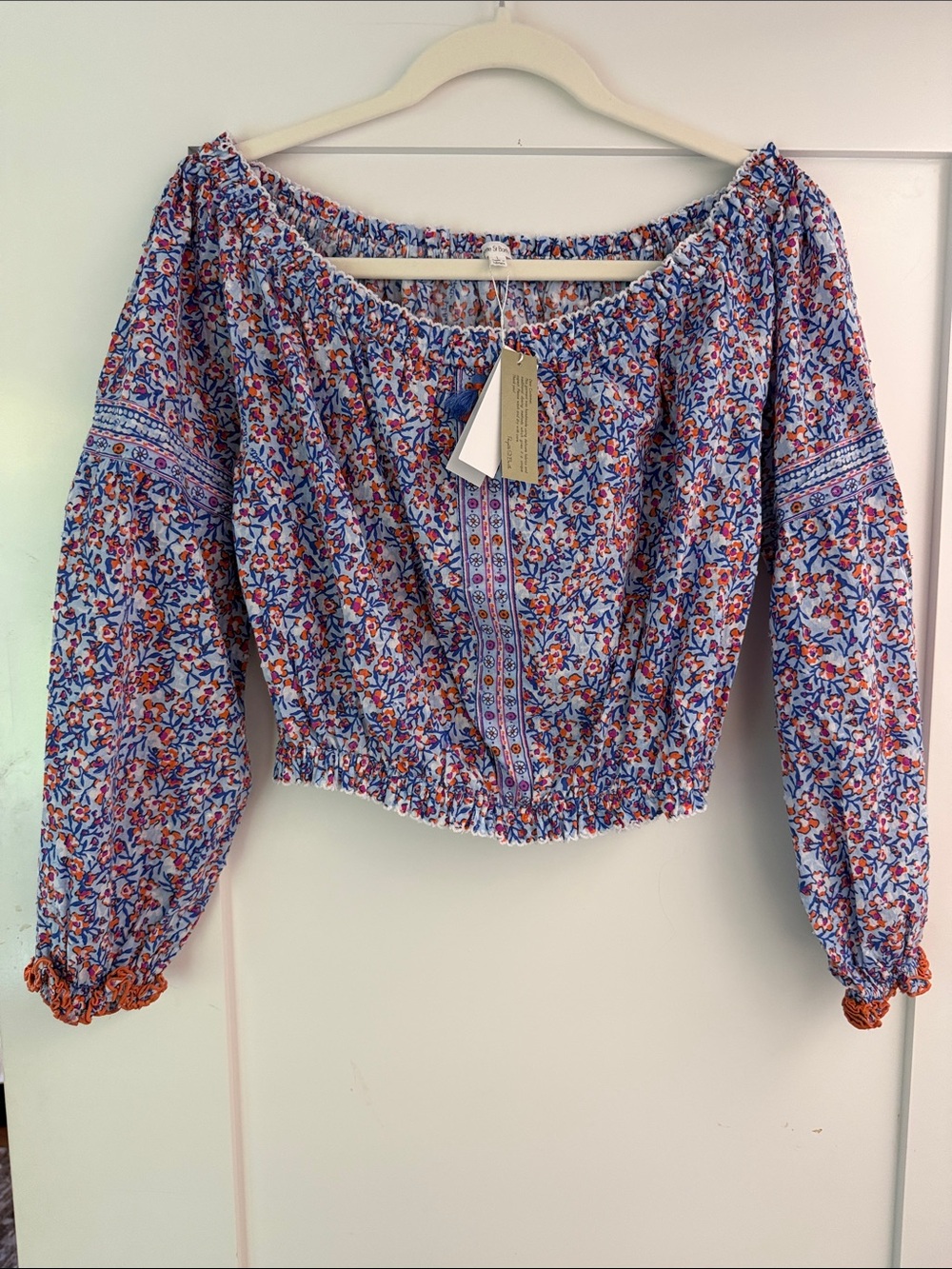NWT Poupette St Barths Floral Off-Shoulder Smocked Waist Blouse - Blue/Orange